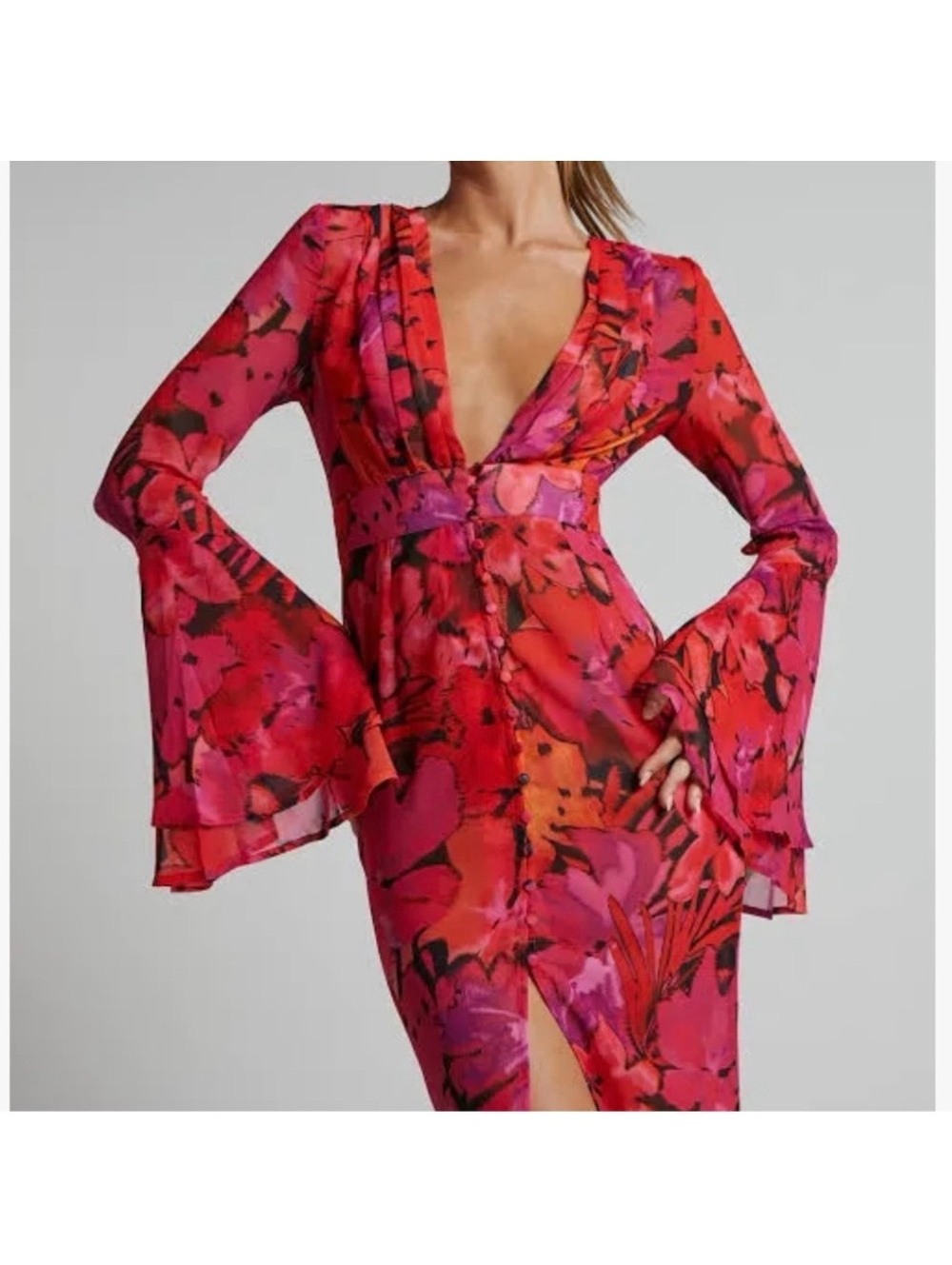 Runaway The Label Romelly Pink Floral Bell Sleeve Midi Dress Size L